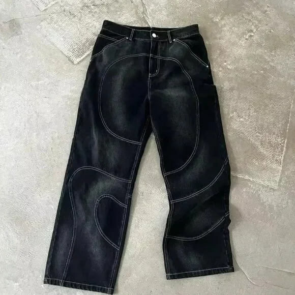 Streetwear Vintage Blue Jeans Y2K Clothes Men Hip Hop Letter Patch Embroidery - Picture 3 of 5